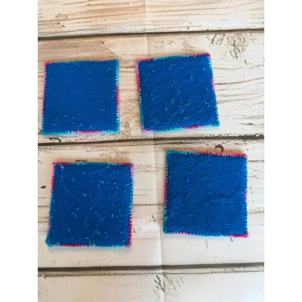 Handmade Needlepoint Coasters Set of 4 Pink Blue Purple Plastic Canvas Felt Back